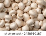 Heap of fresh whole champignons, Button mushrooms, close up full frame as background