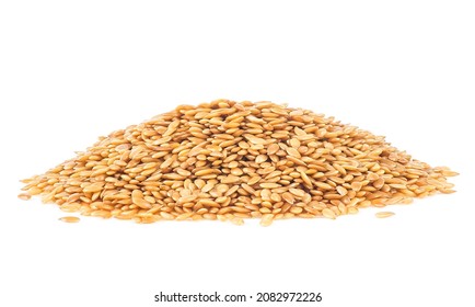 Heap Of Golden Flaxseed Isolated On A White Background. Linseed.