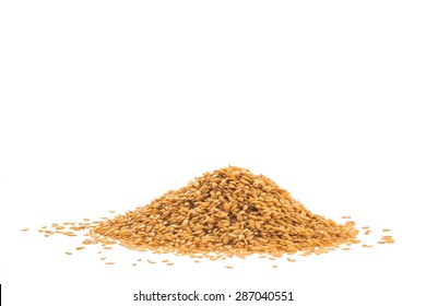 Heap Of Golden Flaxseed Or Linseed Isolated On White Background