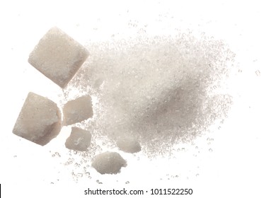 Heap Of Granulated Sugar With Cube Isolated On White Background. Top View. Flat Lay