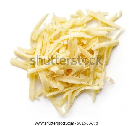 Heap of grated cheese isolated on white background, top view