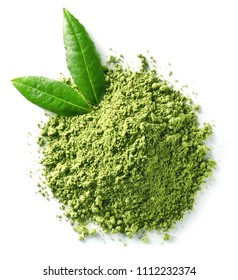 Heap Of Green Matcha Tea Powder And Leaves Isolated On White Background. Top View