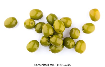 Heap Of Green Olives Isolated On White Background. Top View