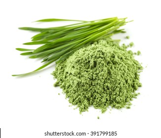 Heap Of Green Wheat Powder Isolated On White Background, Selective Focus