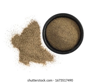 Heap of Ground Black Pepper in Black Bowl Isolated on White Background Top View. Scattered Milled Spice Flat Lay View from Above