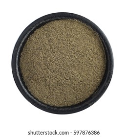 Heap Of Ground Black Pepper In Iron Bowl Isolated Top View