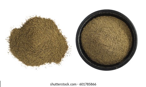 Heap Of Ground Black Pepper In Iron Bowl Isolated Top View