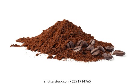 Heap of ground coffee and beans on white background