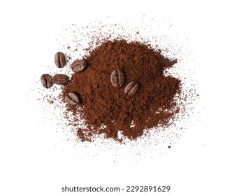 Heap of ground coffee and beans on white background, top view - Powered by Shutterstock