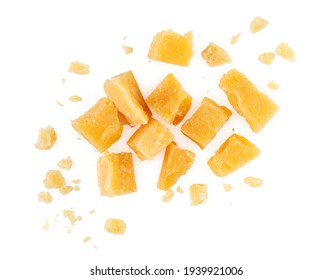 Heap Of Hard Cheese Parmesan Isolated On A White Background. Close Up. Top View.