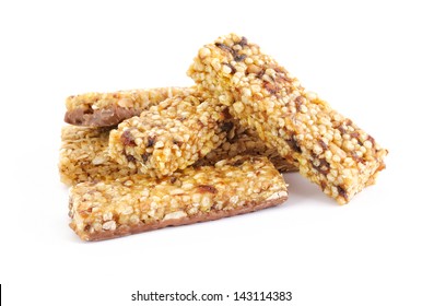 Heap Of Healthy Cereal Bars With Fruits And Nuts