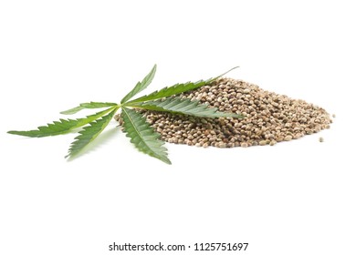 Heap Of Hemp Seeds With Hemp Leaf On White Background. Cannabis Sativa.