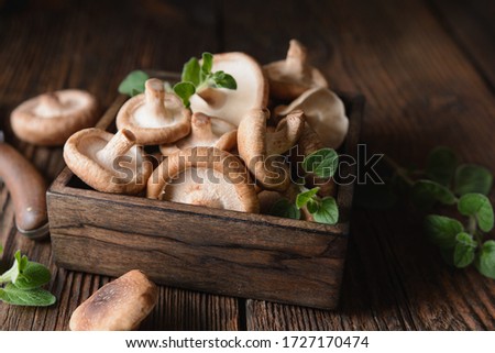 Heap of immunity boosting fresh Shiitake mushrooms in a bowl on rustic wooden background