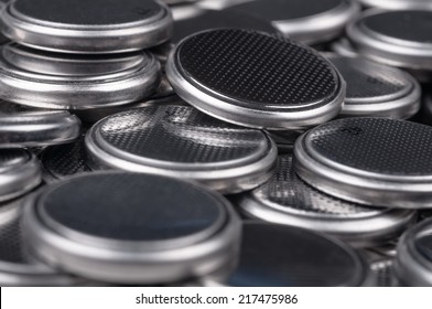 Heap Of Lithium Button Cell Batteries. Closeup With Shallow DOF.