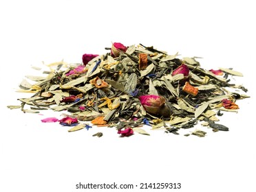 Heap of Natural mix herbal and green tea with goji berries, eucalyptus leaves, orange peel, flowers petals on white background. Close up. High resolution.