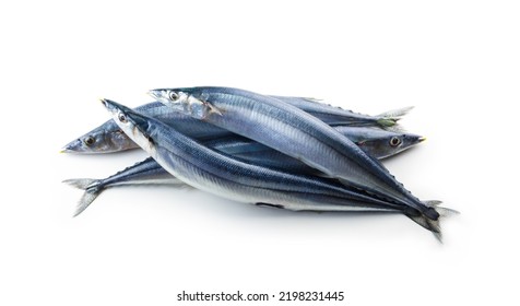 A heap of nice shaped Pacific saury (Cololabis saira  mackerel pike  Sanma ) isolated on white. - Shutterstock ID 2198231445