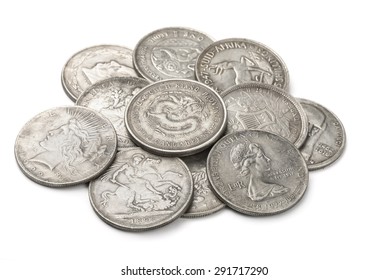 Heap Of Old Silver Coins Isolated On White