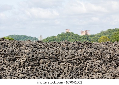 Heap of old Tires  in recycling plant in Thailand