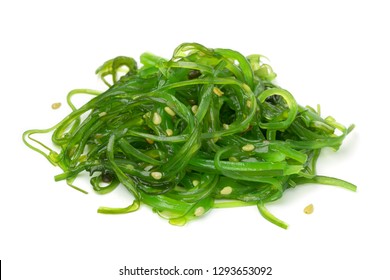 Heap of organic Japanese Wakame salad isolated on white background