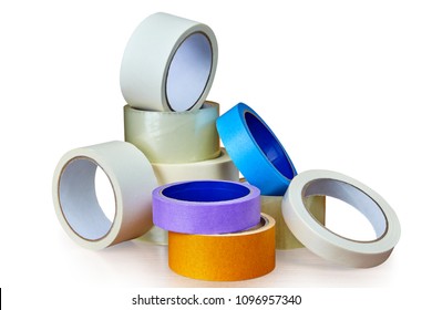 A Heap Of Packing Tape And A Masking Tape Isolated On White Background, With Clipping Path.