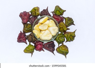 Heap Of Peeled Water Caltrop Or Water Chestnut Fruit In A Glass Bowl On White Background.Top View.