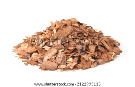 Heap of pine bark mulch chips isolated on white