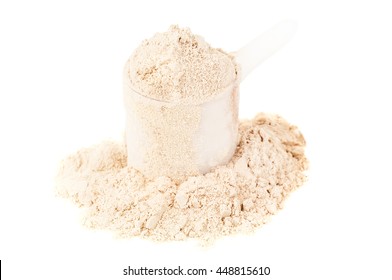 Heap Of Protein Powder With Plastic Spoon On White Background