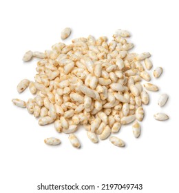 Heap of puffed rice close up isolated on white background 