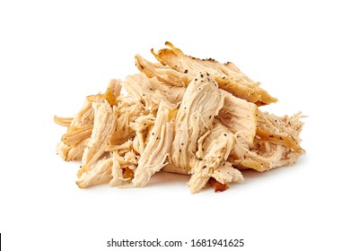 Heap of pulled chicken meat on white