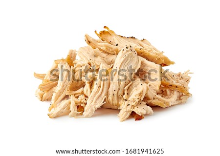 Heap of pulled chicken meat on white