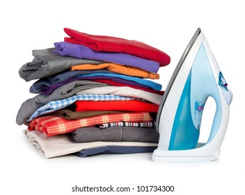 Heap Of Pure Clothes With An Iron Isolated On White