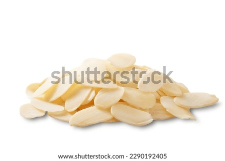 Heap of raw almond flakes isolated on white background. Focus Stacking.