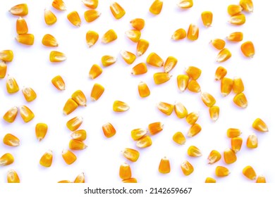 Heap Of Raw Corns Seeds, Maize Or Sweetcorn Kernels Top View Isolated On White.