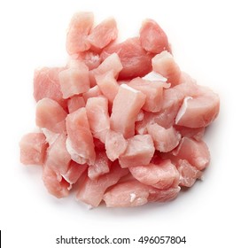 Heap Of Raw Cut Pork Meat Isolated On White Background, Top View