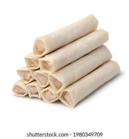 Heap Of Raw Frozen Vietnamese Egg Rolls Isolated On White Background