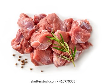 Heap Of Raw Meat Cuts Isolated On White Background, Top View