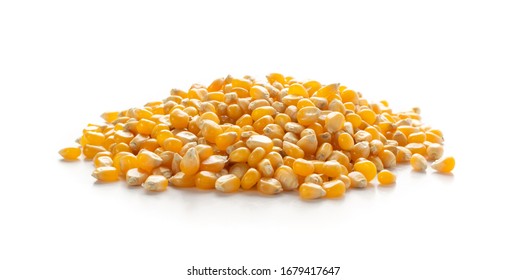 Heap of raw popcorn grains isolated on white background. Dry yellow corns seeds or sweetcorn kernels