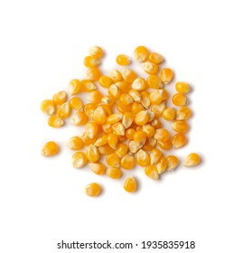 Heap Of Raw Popcorn Grains Isolated On White Background. Dry Yellow Corns Seeds Or Sweetcorn Kernels Top View