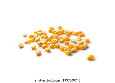 Heap Of Raw Popcorn Grains Isolated On White Background. Dry Yellow Corns Seeds Or Sweetcorn Kernels