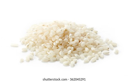 heap of raw round rice isolated on white background