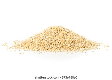 Heap of raw, uncooked quinoa seed on white background
