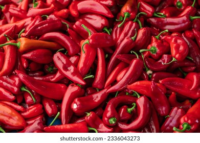 Heap Of Ripe Big Red Peppers At A Street Market. Peppers background