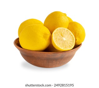 Heap of ripe juicy lemon citrus fruits of bright yellow colour served in craft ceramic clay brown bowl or plate isolated on white used as source of vitamin C and antioxidant in food and drinks - Powered by Shutterstock