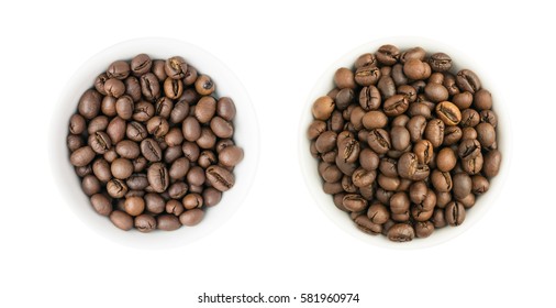 Heap of Roasted Coffee Beans in Round Bowls Isolated on White Background