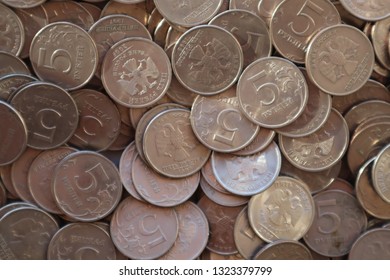 Heap Of Russia Coins Five Rubles. Overhead Shot 