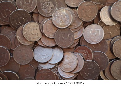 Heap Of Russia Coins Five Rubles. Overhead Shot 