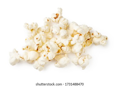 Heap of salted popcorn, isolated on white background. Top view.