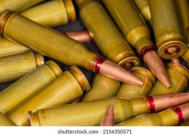 Heap Of The 5.45×39mm Service Rifle Cartridges, Fragment Close-up In Selective Focus
