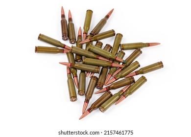 Heap Of The Service Rifle Cartridges On A White Background, Top View
