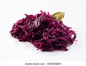 Heap Of Shredded Red Cabbage With Bay Leaf Seasoning Isolated On White